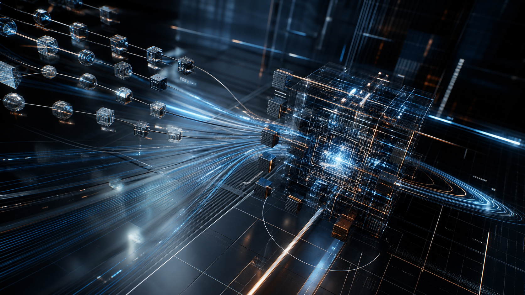 Abstract real-time technology lattice with luminous production nodes