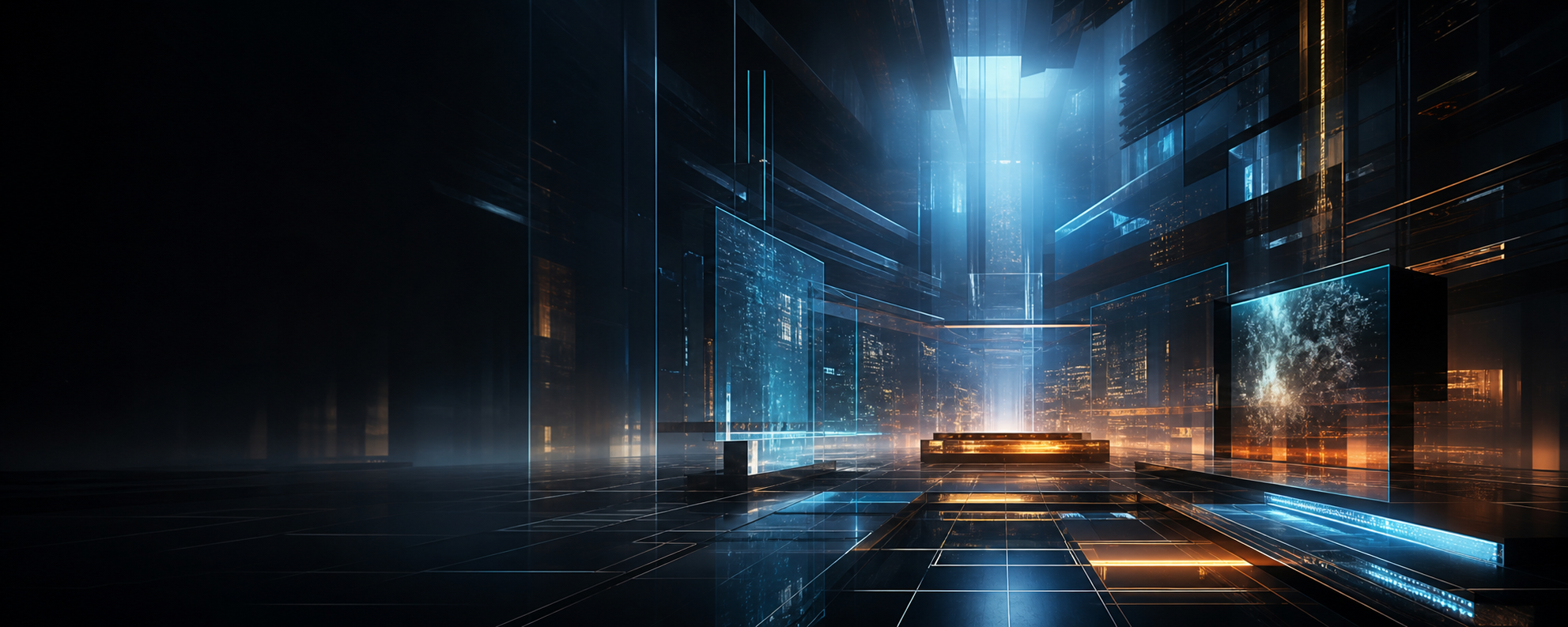 Abstract digital studio environment with luminous glass architecture